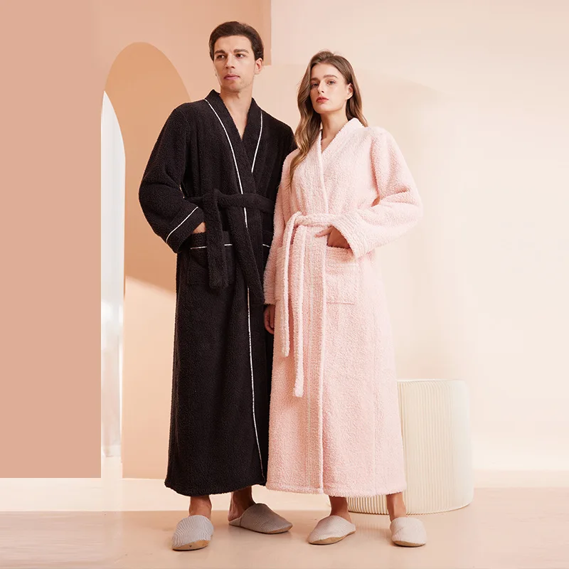 Albornoz Kimono de lana de Coral cálido, bata de franela gruesa, ropa de dormir suelta para pareja, ropa de casa larga, ropa de dormir para invierno