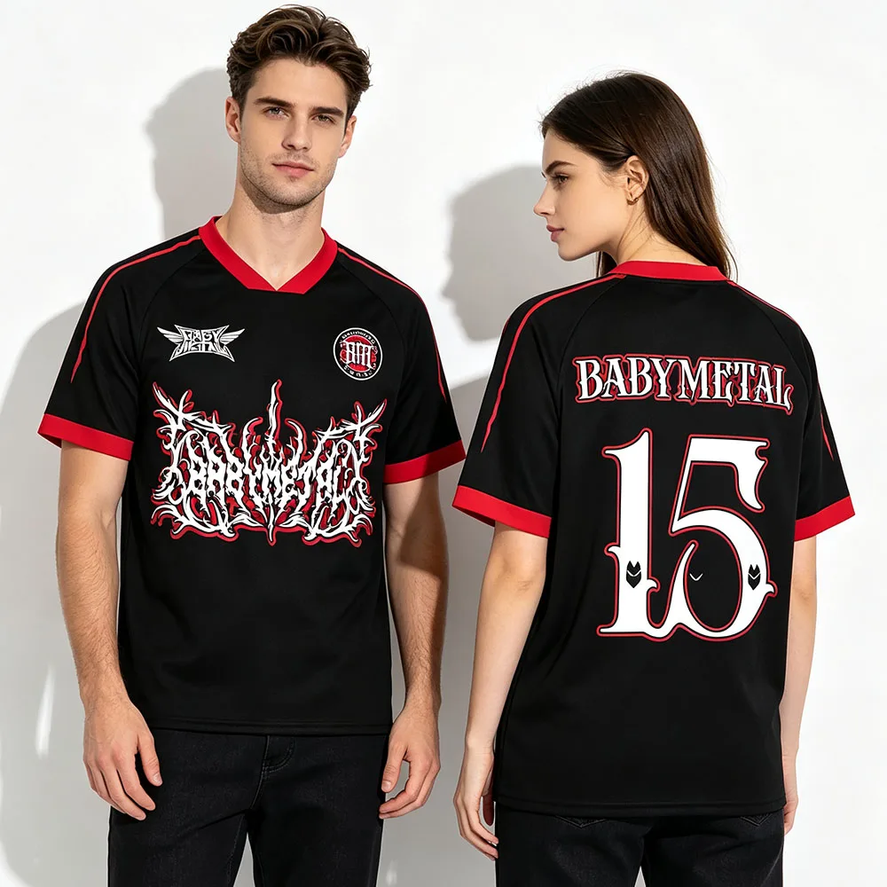 Babymetal Football Tees Short Sleeve V-neck Summer Sports Shirt Hip Hop Unisex Streetwear Tops Loose Fashion Graphic Print Merch