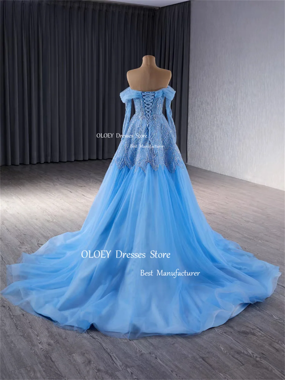 OLOEY-Off Shoulder Beads Lace Vestido Quinceanera, Sweet Girls Espartilho, mangas compridas, requintado, azul, vestidos de casamento, feitos sob encomenda, 15, 18