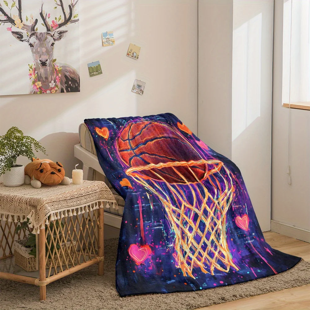 Custom Basketball Blanket Neon Heart Hoop Graffiti Design Personalized Name Fleece Throw All Season Soft Warm Bedding Home Decor