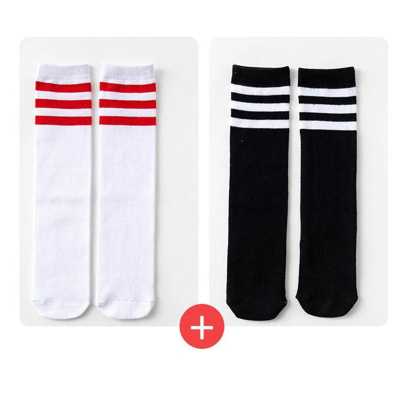 1/2/3Pairs Kinder Mädchen Kniehohe Baumwolle Socken Schwarz Weiß Drei-Linie Gestreiften Laufsport socken Fußball Golf Sport Socken – Detail 21