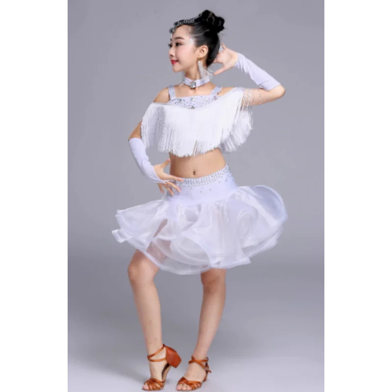 Nuovo vestito con frange da ballo latino con paillettes per ragazze, costume da ballo di tango alla moda, costume di scena