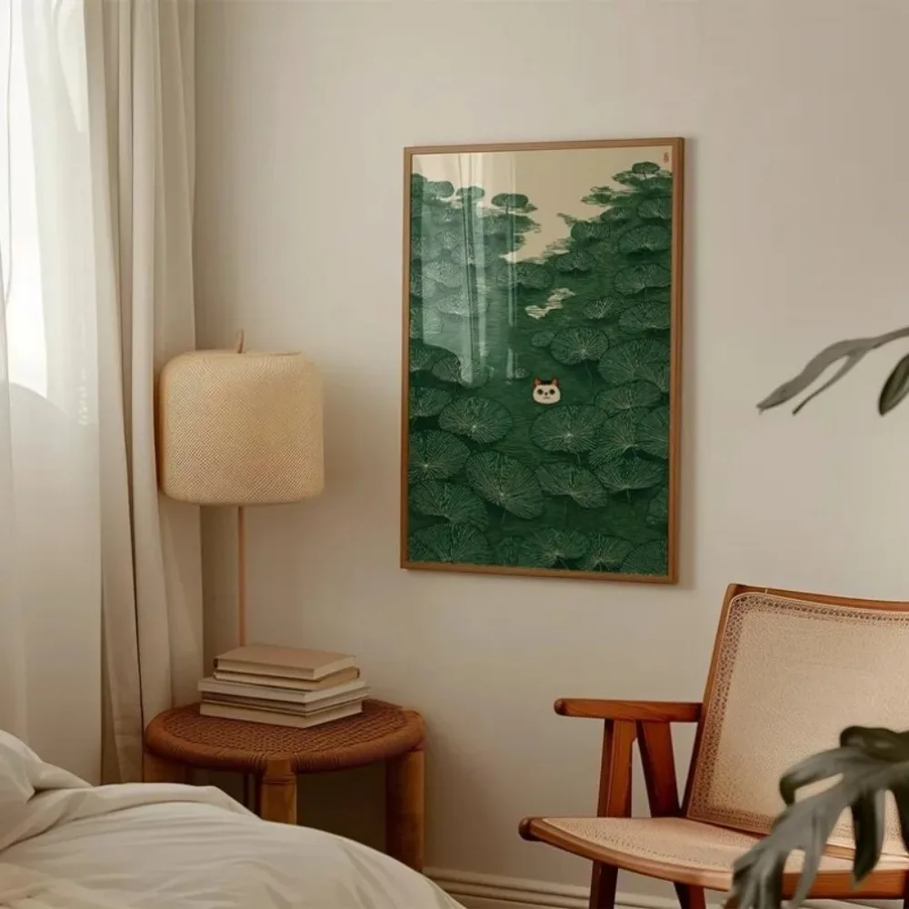 Japanese Style Green Nature Cat Canvas Poster Willow Tree Lily Pond Scenery Wall Art for Living Room Home Decor