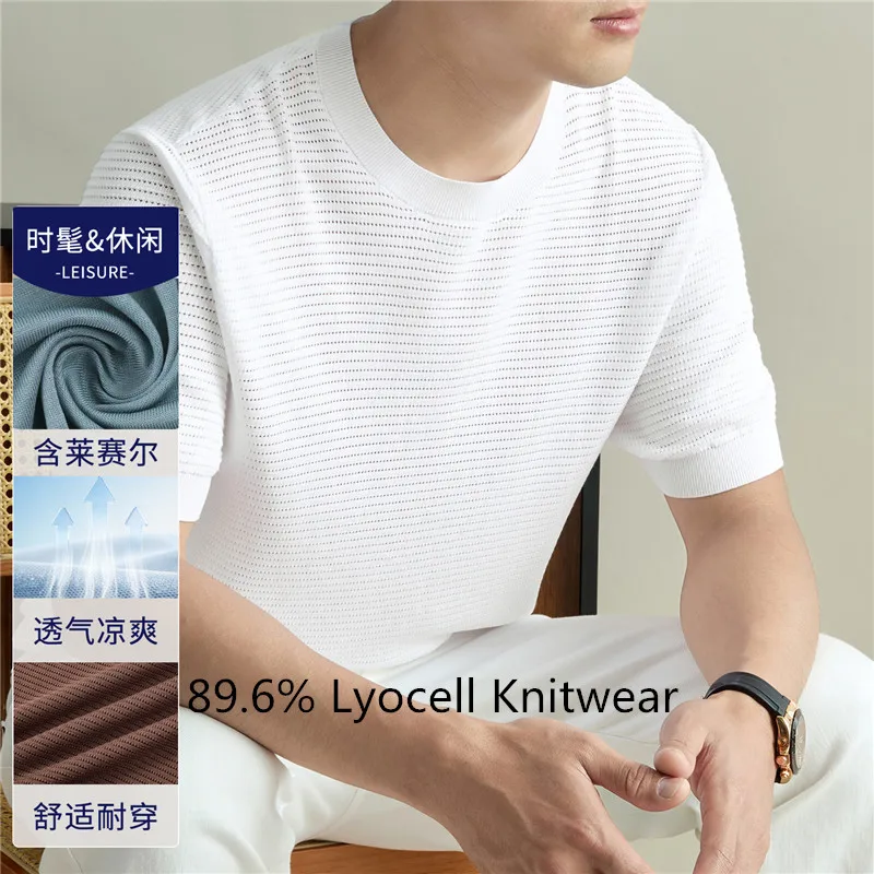 

89.6% Lyocell Kniting Clothes Men 2026 Spring Summer Breathable Knitwear Trendy Hollow Round Neck Knit Tops Pullover Shirts