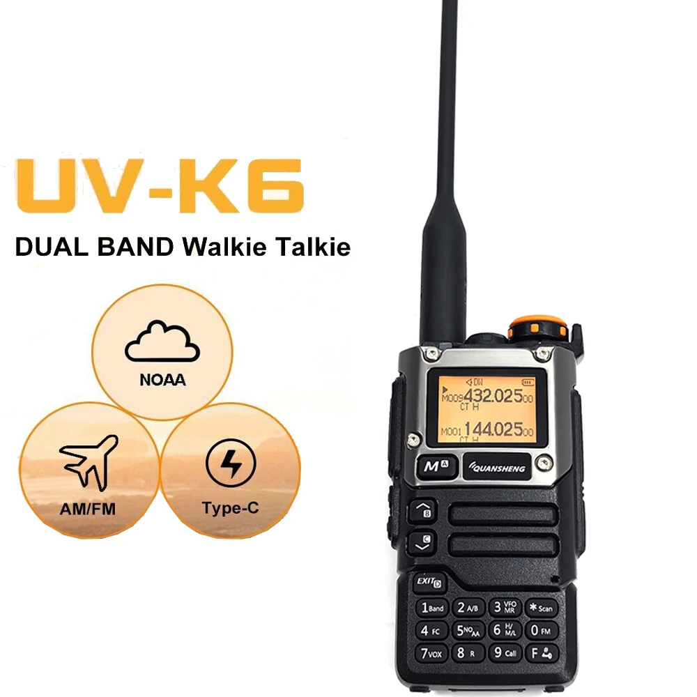 Quansheng UV-K6 5W Walkie Talkie AM FM UHF VHF Multi Band Wireless Frequency Radio DTMF NOAA Weather Alert UV-K5(8) Transceiver