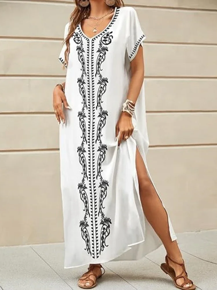 Abiti caftano da donna Costume da bagno con ricamo floreale Copricostume da bagno caftano con scollo a V