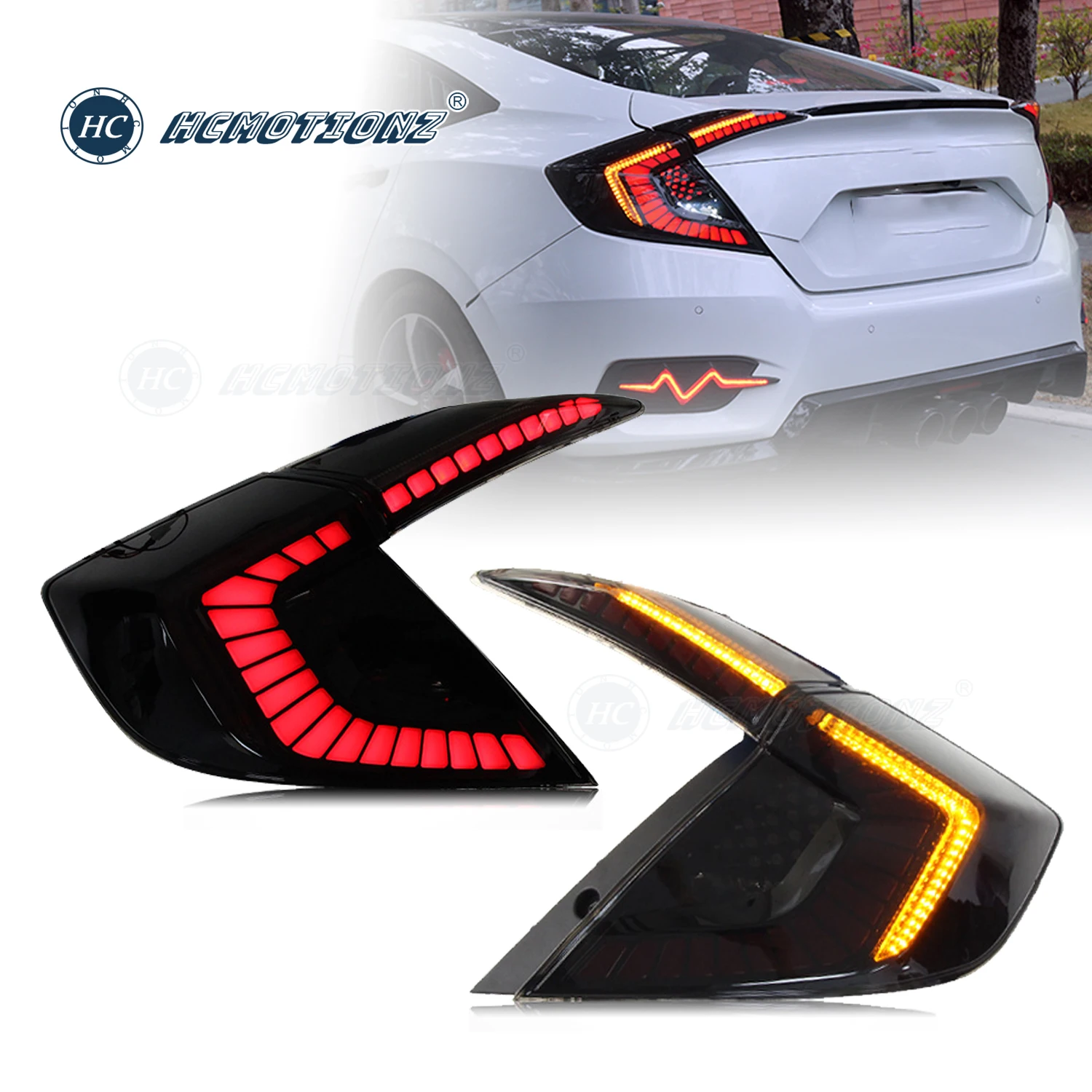 HCMOTIONZ Tail Lights for Honda Civic 2016-2021 10th Gen LED Back Lamps Assembly DRL Animation Lighting System U.S. Shipment