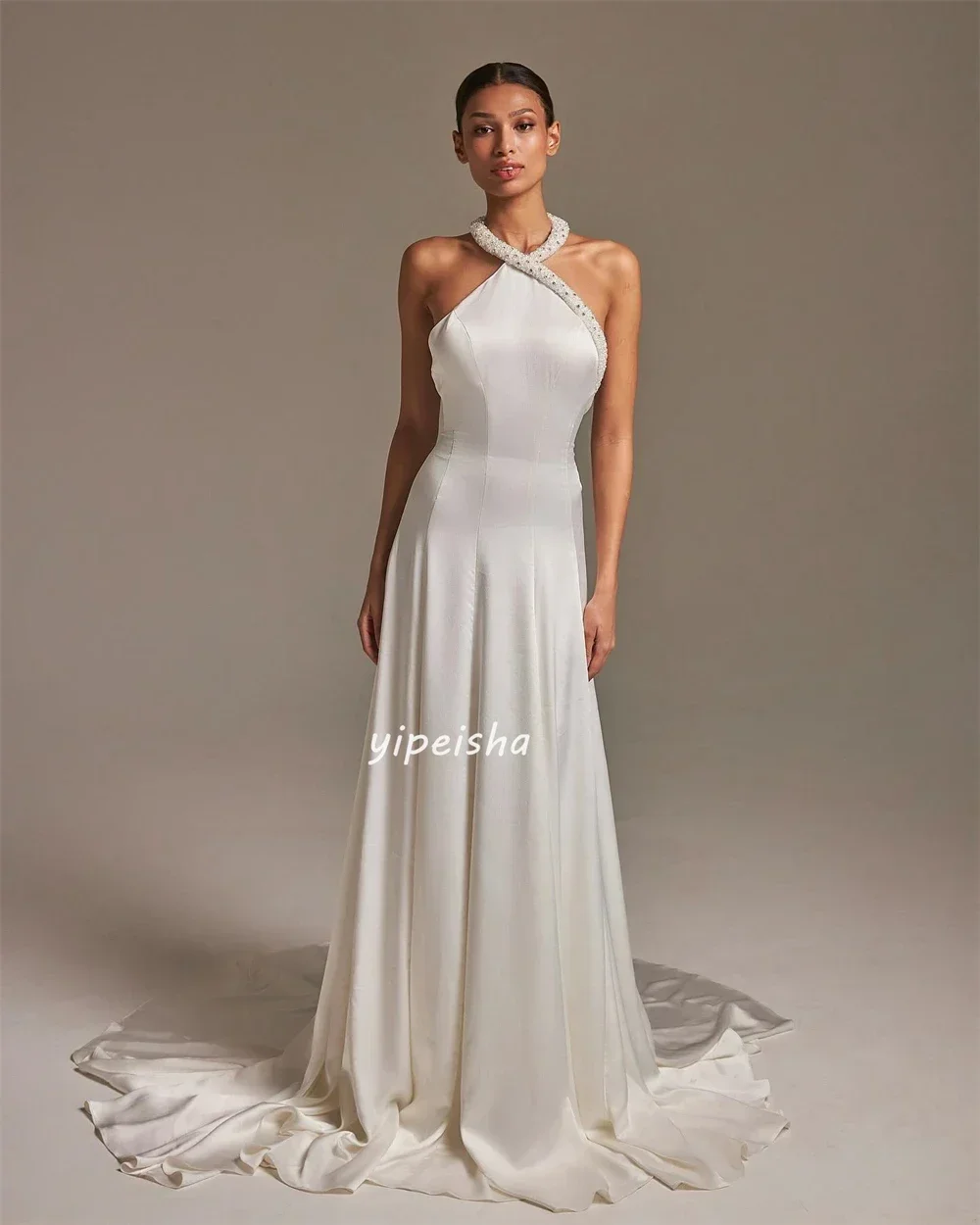 Aangepaste elegante moderne stijl formele jersey gedrapeerde a-lijn halter lange jurken avondjurken hoge kwaliteit sexy bijpassende klasse