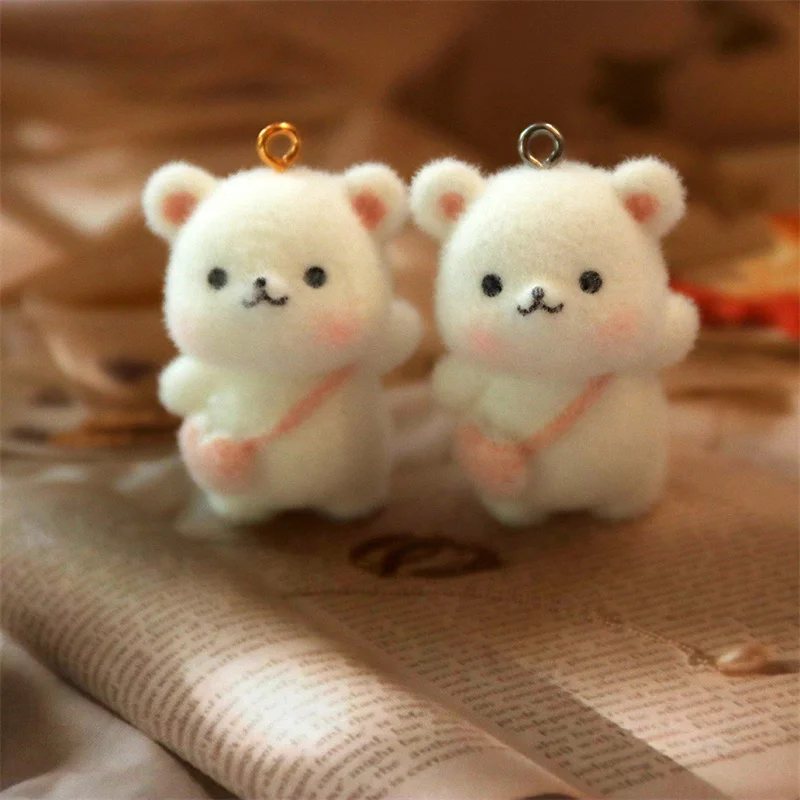 

New arrived 30pcs/lot flocking animals cartoon bag bears shape resin dolls beads charms diy jewelry accessory