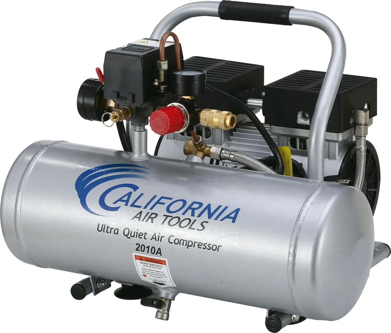 Air Tools 2010A 1.0 HP Ultra Quiet and Oil-Free Air Compressor, 2 Gallon Aluminum Tank, 60 dBA Noise Level, Silver