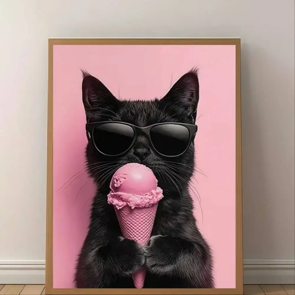 Summer Cool Cat Ice Cream Wall Art Unframed Print Decor For Living Room Bedroom Office Dining Room Gift