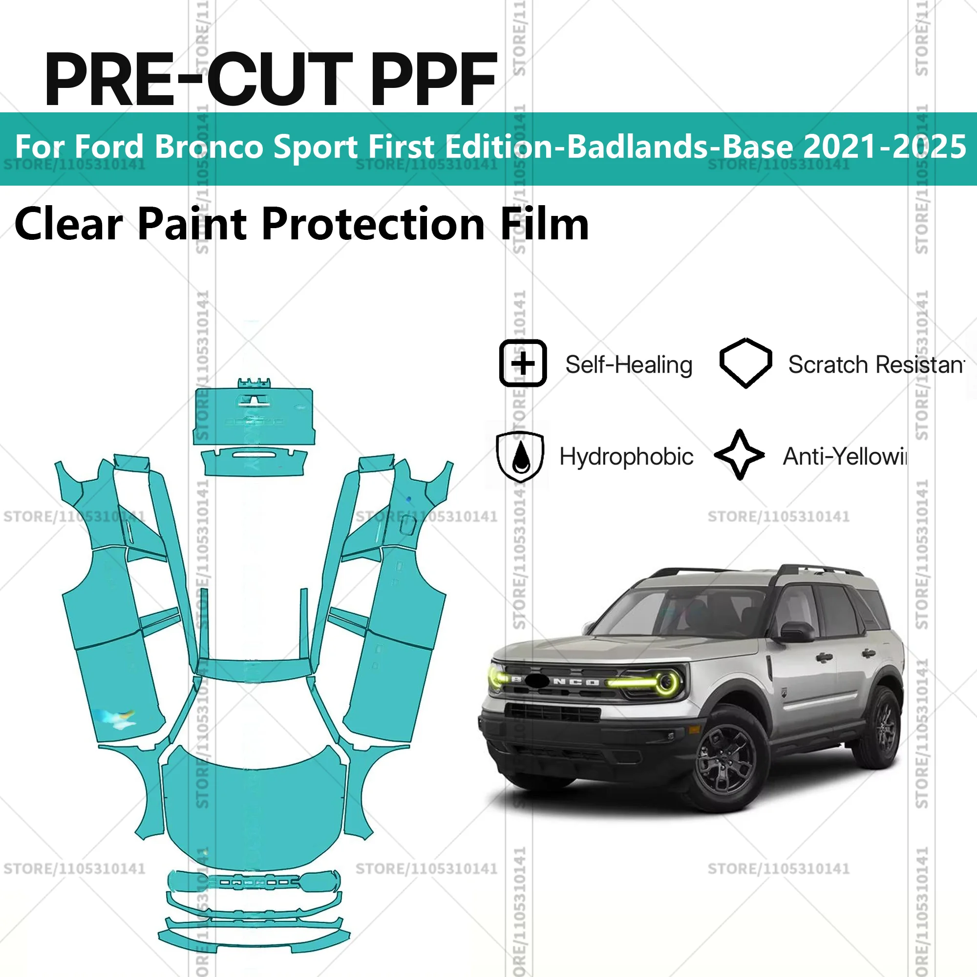 

Предварительно нарезанная прозрачная защитная пленка PPF для автомобилей Ford Bronco Sport First Edition-Badlands-Base 2021-2025