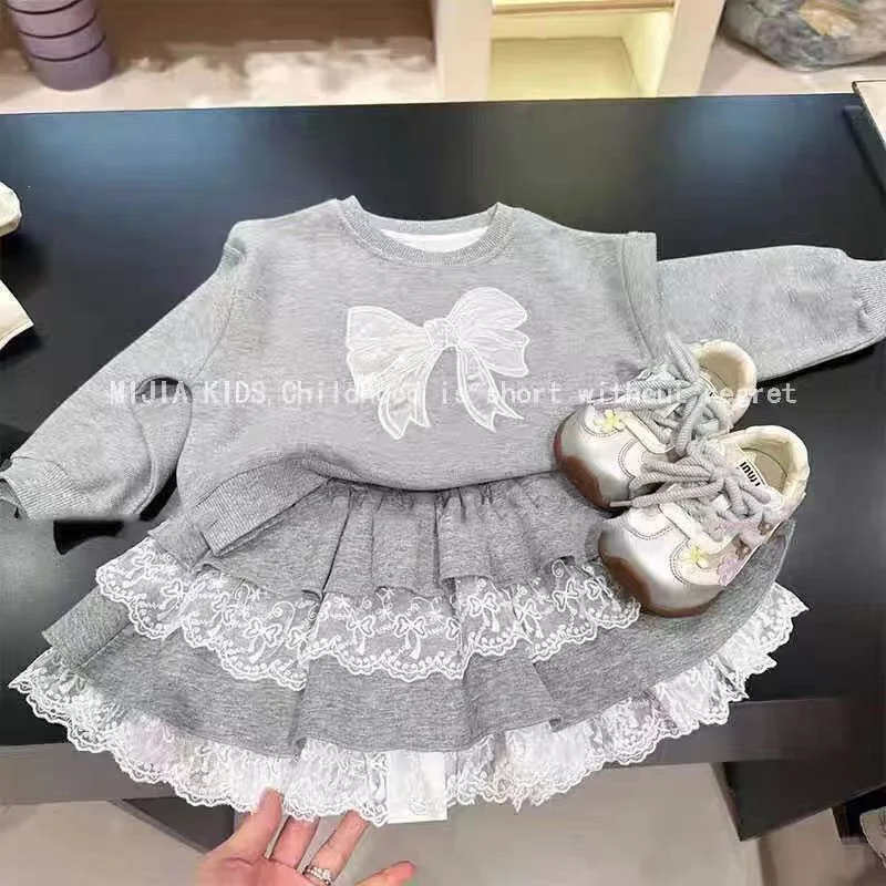 Sommer Mädchen Sets Kinder Sweatshirt Anzüge Kinder Langarm Top + Rock 2Pcs Mode Spitze Kordelzug Outfits Kinder Kleidung