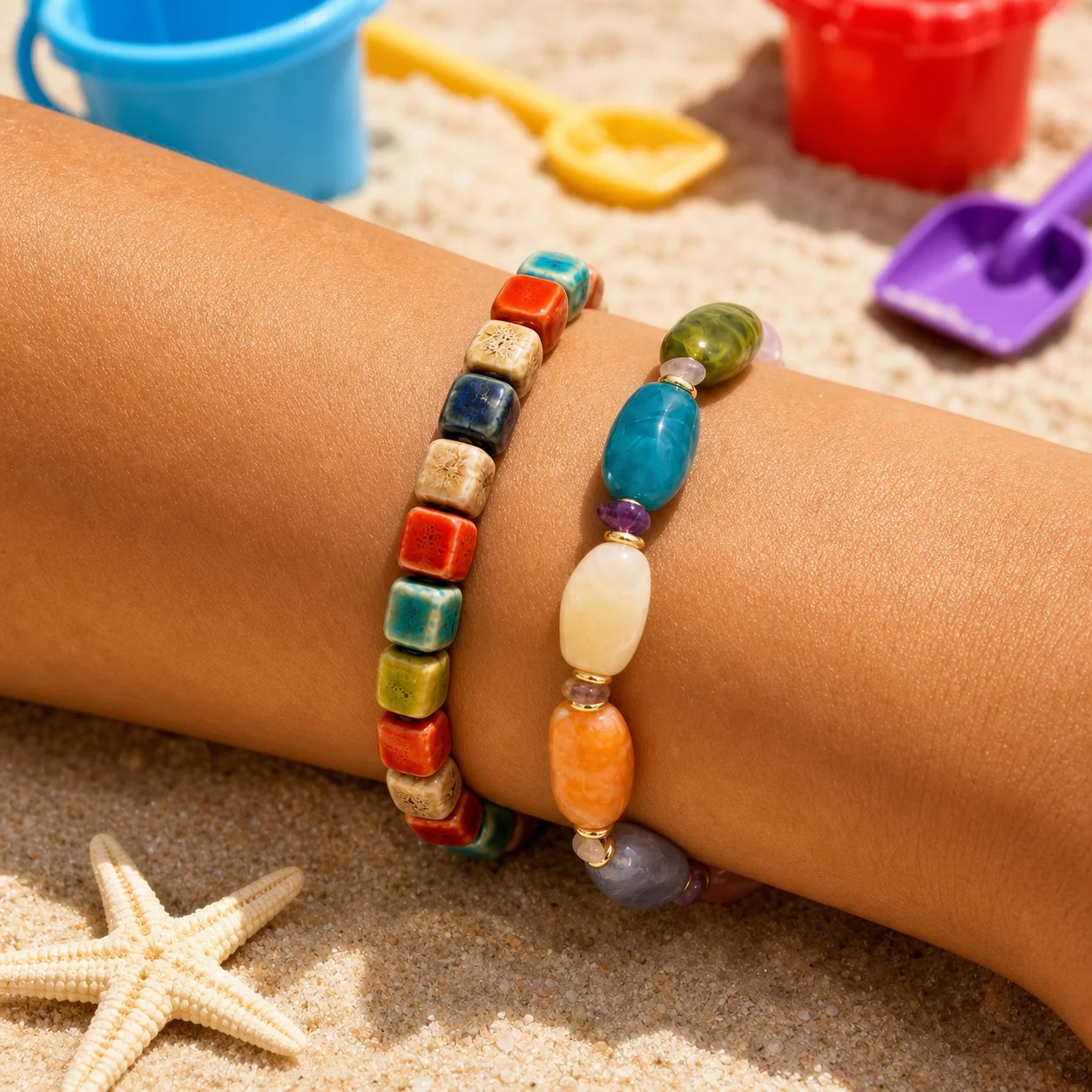 2pcs Multicolor Ceramic Beaded Bracelet for Women Geometric Square Bead Boho Strand Bracelet for Beach Outfits
