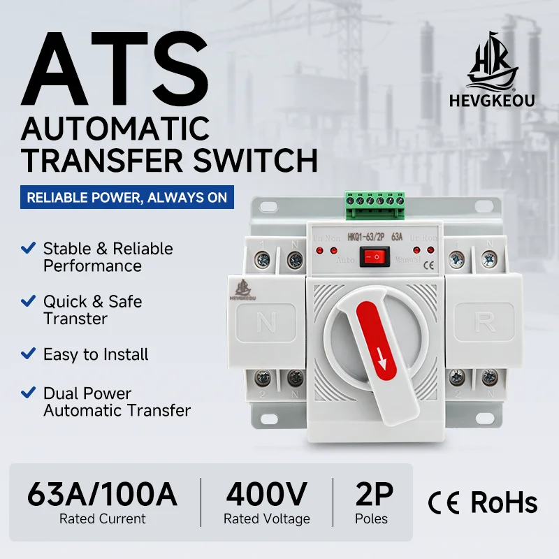 2P 100A Dual Power Automatic Transfer Switch HKQ1-100/2P ATS Manual Auto Changeover Switch for Generator Mains Power Switching