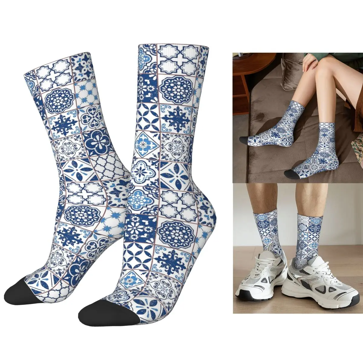 

Португальские носки Azulejos, супер мягкие чулки в стиле Харадзюку, всесезонные длинные носки, аксессуары для мужчин и женщин, рождественские подарки