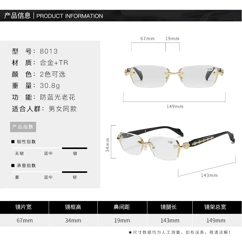 Anti Blau Licht Randlose Lesebrille Mode Frauen Männer Diamant Cut Rand Presbyopie Brillen Anti-müdigkeit Brillen – Detail 12