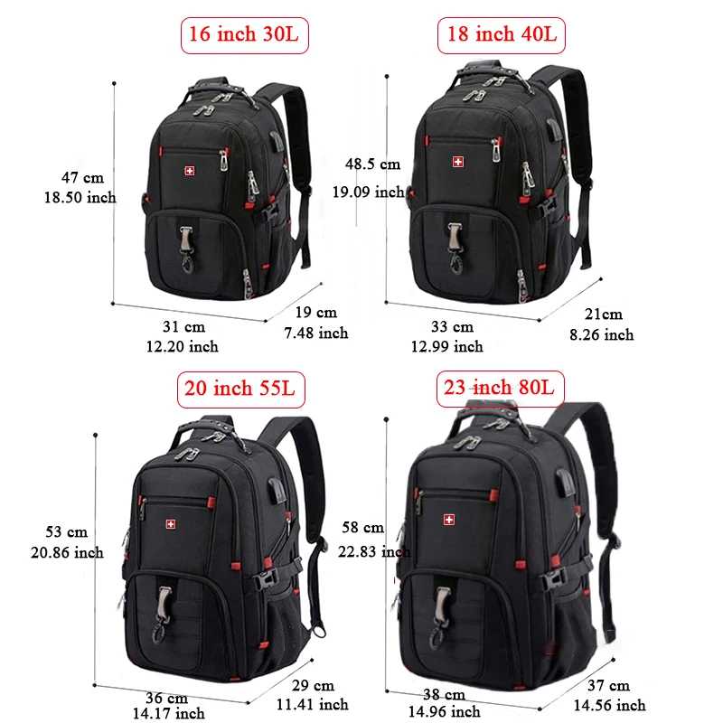 SWISS Classic-Mochila para ordenador portátil de 17 pulgadas para hombre, bolsa de viaje de 80L, resistente al agua, multifuncional, con carga USB