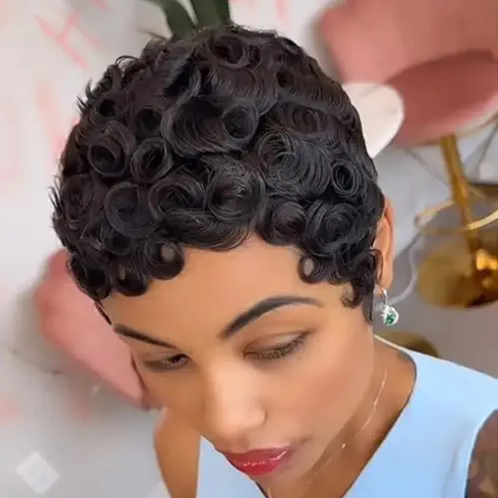 

Короткий вьющийся парик с стрижкой пикси, 100% человеческие волосы, полностью машинные парики, бразильские волосы Remy, мягкие надувные волнистые парики