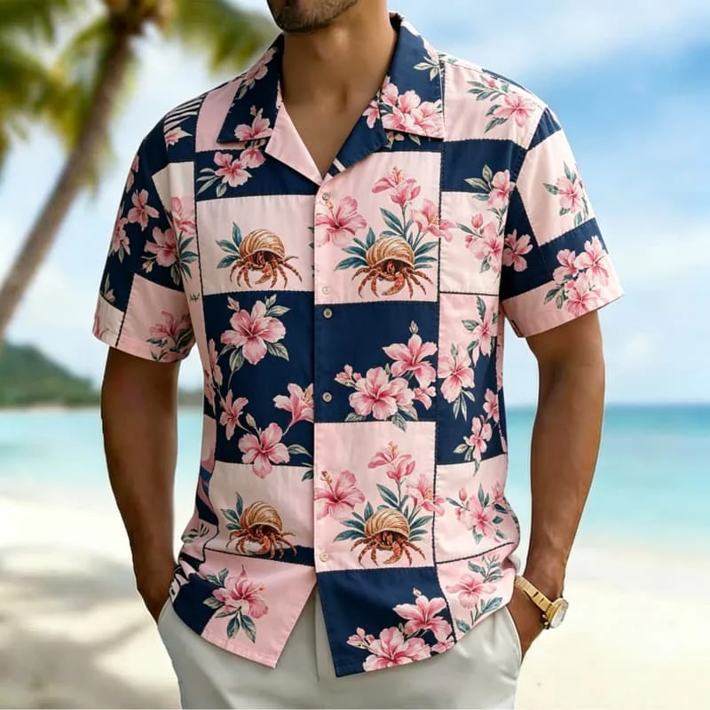 Men's Casual Patchwork Hawaiian Print  Shirt, Relaxed Tropical Style for Summer Getaways, Beachwear,  Street Fashion