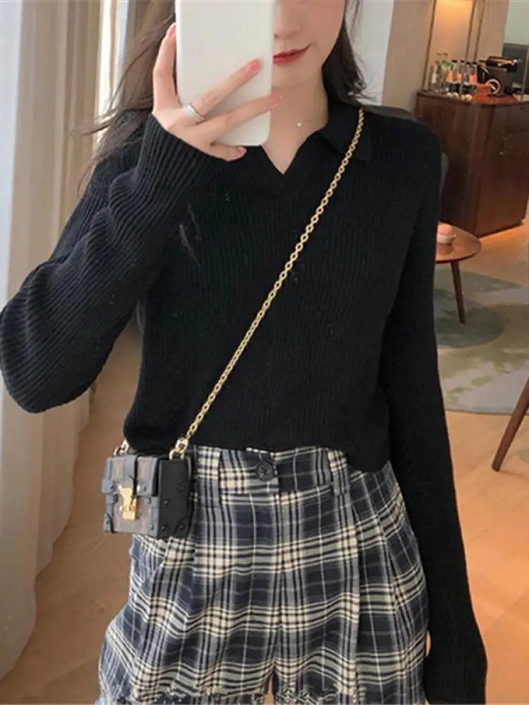 2024 Women\'s Autumn Winter Pullover Solid Base All Match Sweater Lapel Polo Neck Knitted Bottoming Top