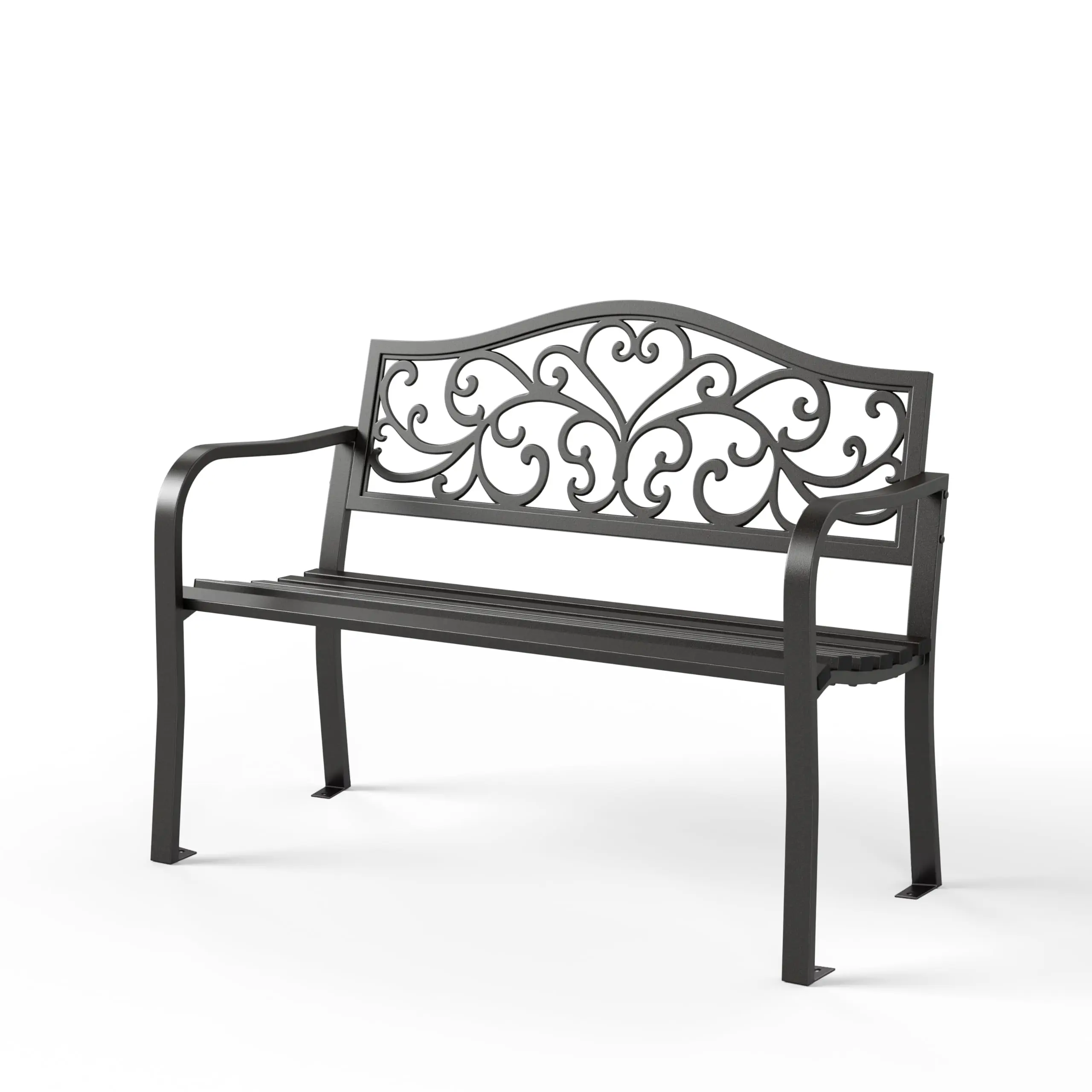 43 Inches Outdoor Bench, Metal Garden Bench, Floral Black