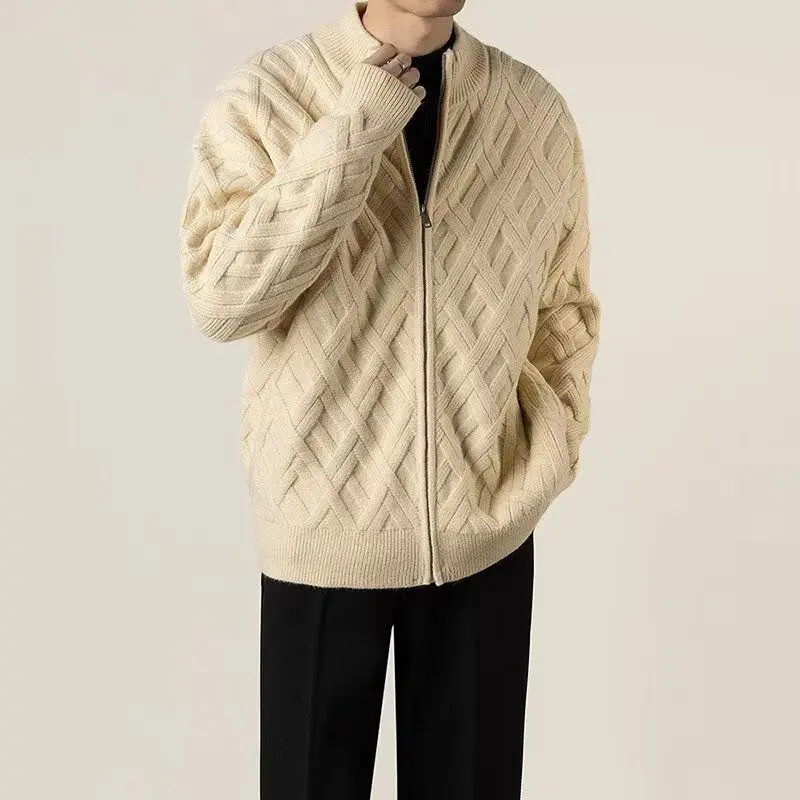 

Мужской вязаный свитер свободного кроя, осенне-зимний повседневный кардиган с узором косы, из полиэфирного волокна, деловой повседневный стиль, с длинным рукавом