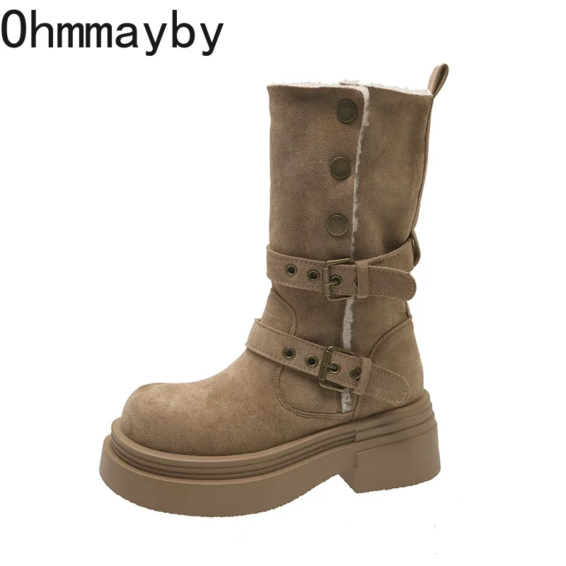 2025 outono inverno feminino quente de pelúcia botas modernas moda fivela de cinto sapatos de salto grosso causal mulher algodão meados de bezerro botas