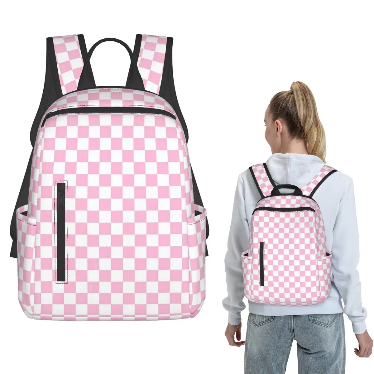 

Pink And White Checkerboard Pattern Backpack Daypack Kids BookBag School Bag Shoulder Bags for Men Women