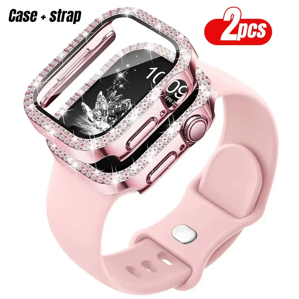 حافظة ماسية + حزام لساعة أبل 45 مللي متر 41 مللي متر 38 مللي متر 42 مللي متر 44 مللي متر 40 مللي متر سوار + واقي للشاشة + سلسلة مصد 10 9 8 7 6 5 4 SE