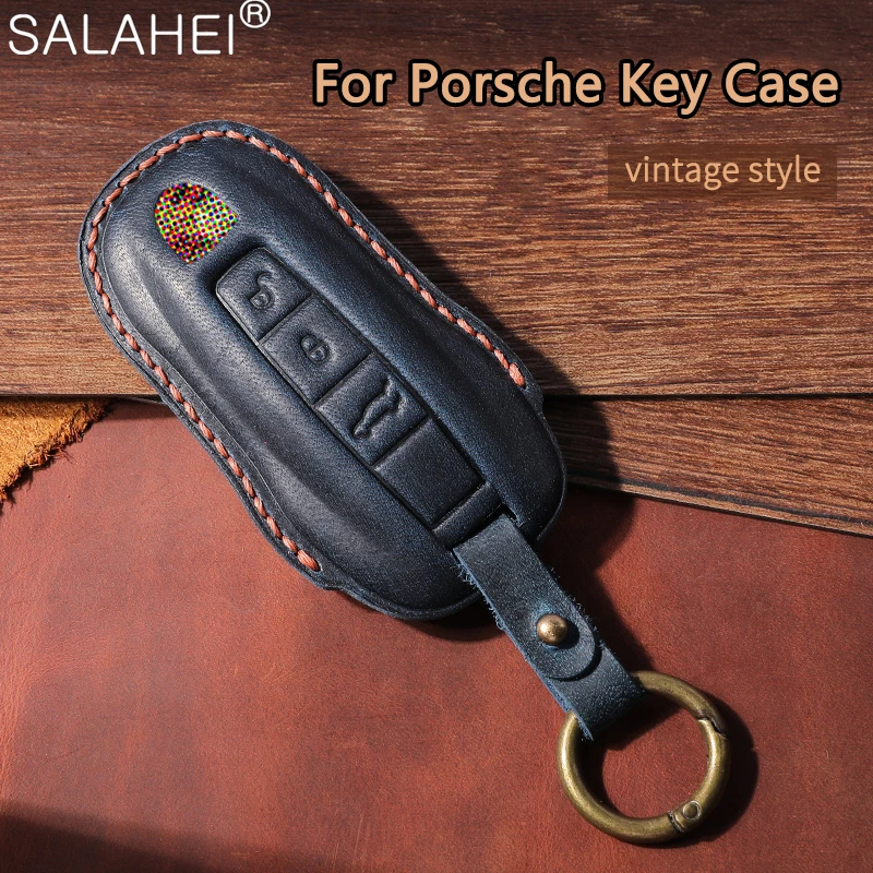 Leather Car Key Case Cover For Porsche Macan 911 Panamera Cayenne 2018 Replacement Boxster 986 987 981 Remote Fob Shell Keychain