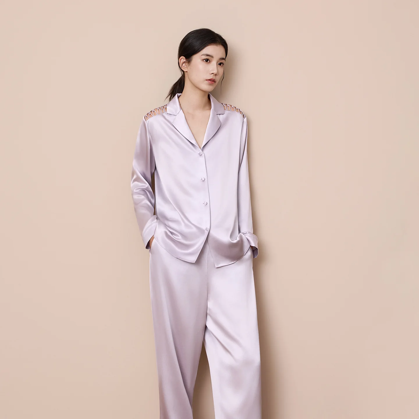 Cooling Silk Pyjamas Women 19 Momme Mulberry Silk Long Sleeve Long Pants Set Hollow Out Collar Daily Loungewear