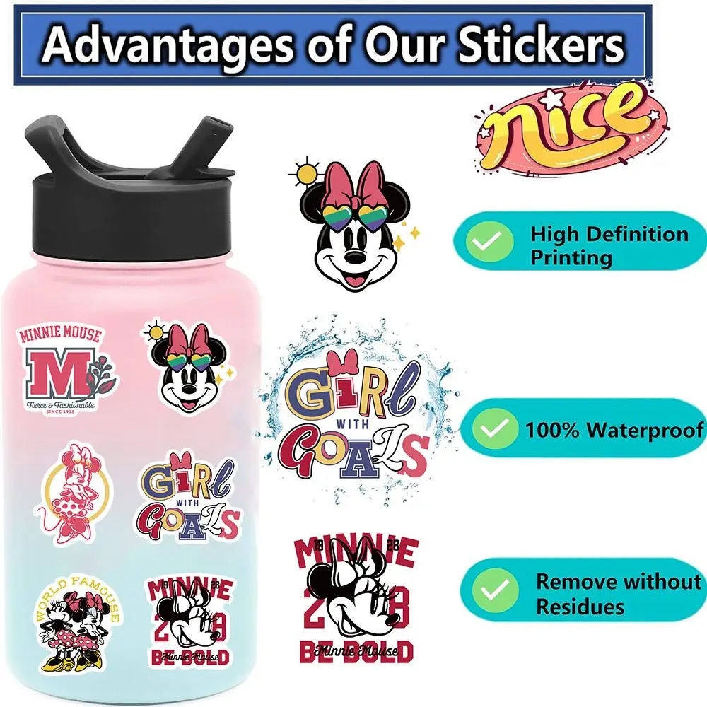 10/50pcs Disney Anime Mickey Minnie Mouse Stickers Cute Girls Gift Decals Toy Laptop Phone Fridge Skateboard Suitcase Sticker