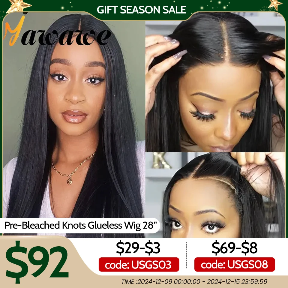 YAWAWE Hair Glueless Preplucked Human Hair Wigs Straight Wear Go Pre-bleached Ready to go Lace Front Wig Pre-cut Lace Wigs