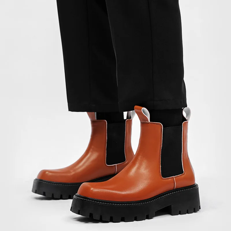 Mens Luxury Fashion Stage Nightclub Chelsea Boots Black Brown Platform Shoes Cowboy Original Leather Boot Cool Short Botas Male