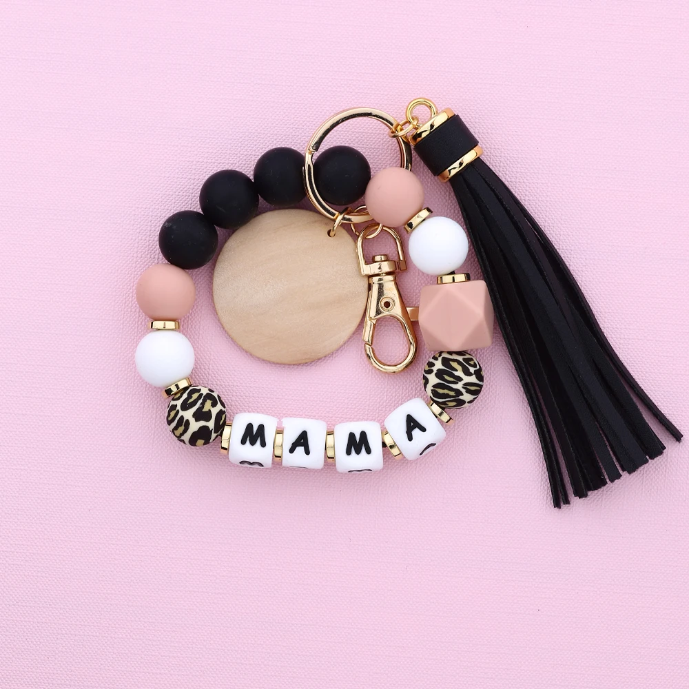 Mother\'s Day Gift Leopard Silicone Bead Key Chain Letter MAMA Beaded Wristlet Keychain With Wood Disc Leather Tassel Key Ring