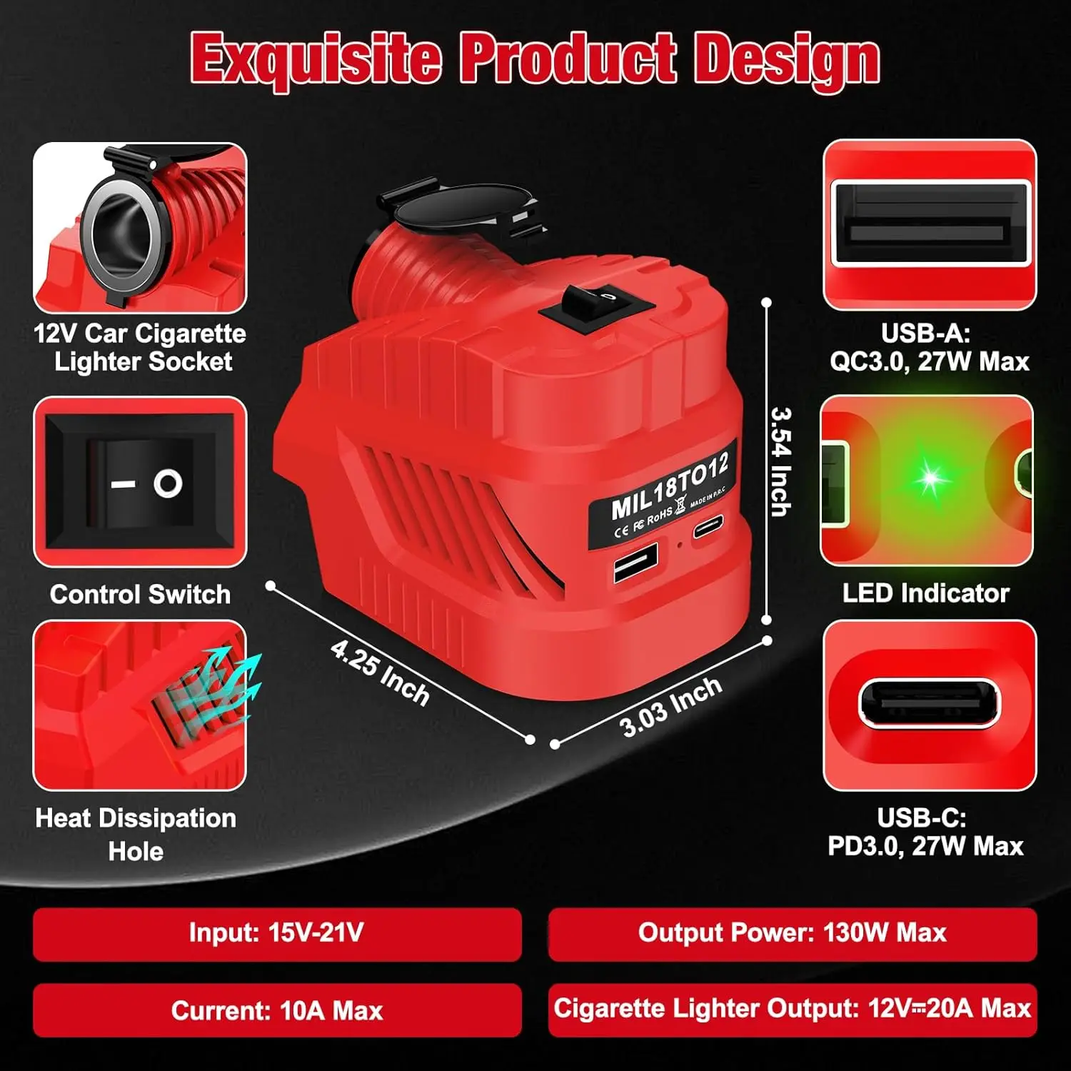 Battery Adapter FOR MAKITA/MILWAUKEE /DEWALT 18V Battery Via DC 12V Buck Converter Regulator with Cigarette Lighter USB & Type-C view 3