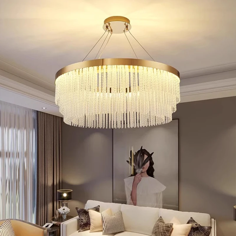 

High-end Stainless Steel Hong Postmodern Light Luxury Simple Glass Light Luxury Atmospheric Round Bedroom Dining Room Chandelier