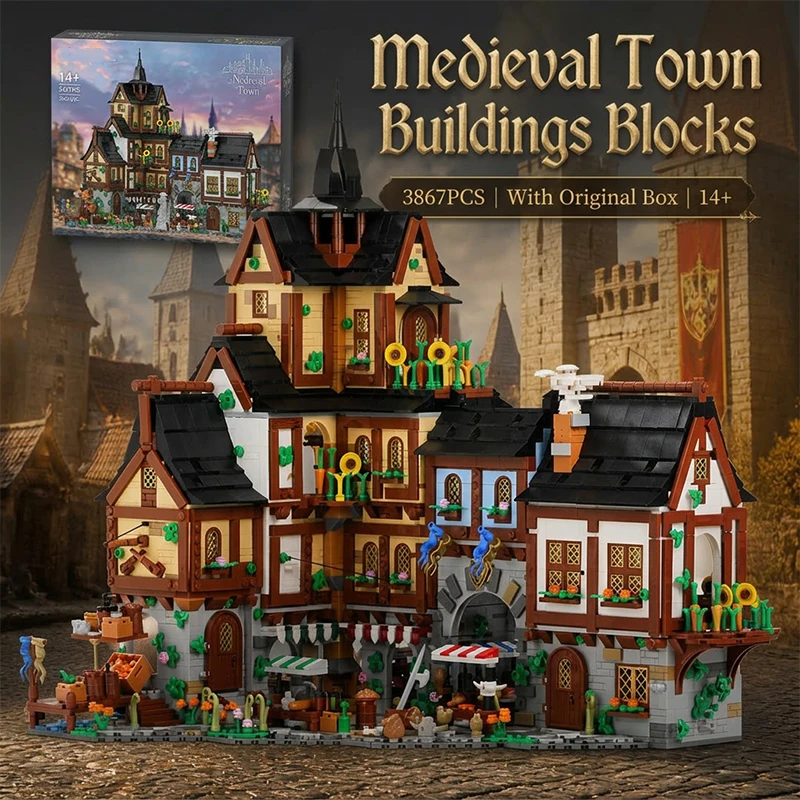Barweer Medieval Towns Building Blocks Set 3867PCS European Style City Street View Village Architecture Modular Model Kit Construction Bricks Set Assembly Toys for Adults Gifts Home Decoration