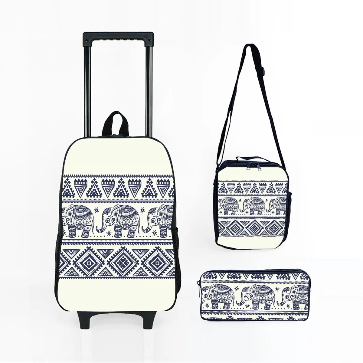 Juego de bolsas con ruedas con estampado de elefante, con fiambrera, bolsa para bolígrafos con ruedas, mochila escolar con carrito para niñas y niños
