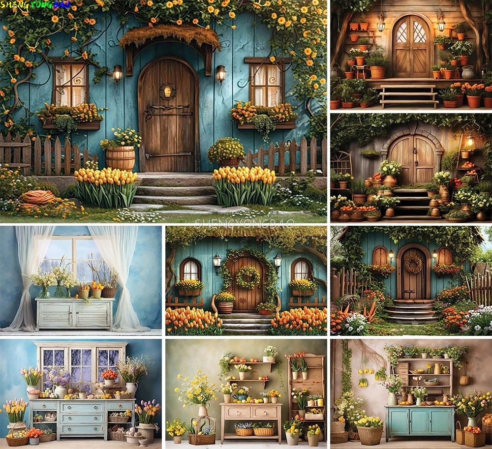 

Spring Easter Photography Backdrops Wooden House Flowers Children Birthday Party Portrait Decor Photo Studio Background SX-01