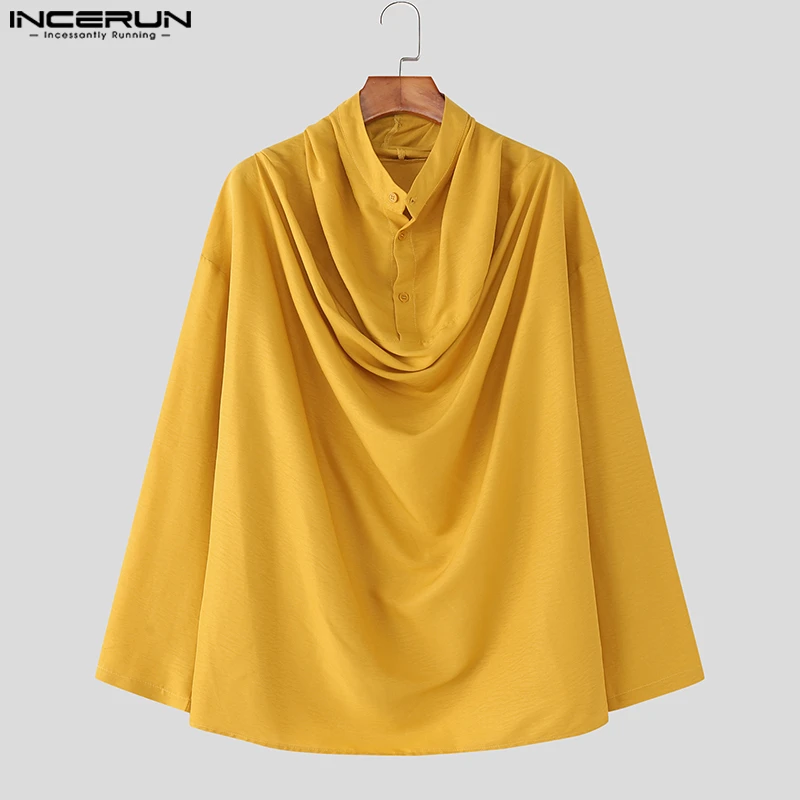 INCERUN Men Shirt Solid Color Stand Collar Long Sleeve Loose Men Clothing Streetwear 2025 Pleated Fashion Casual Male Shirts