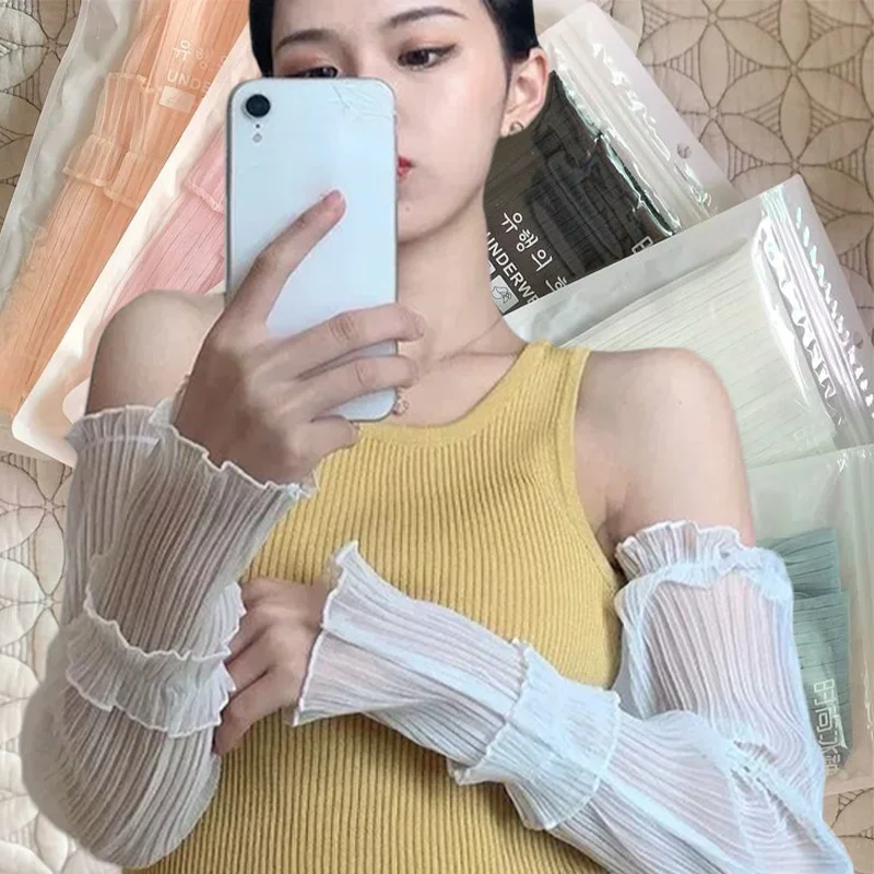 New Summer Long Fingerless Sleeves for Women Sun Protection Lady Thin Lace Mesh Gloves Sunscreen Anti-UV Breathable Arm Sleeves