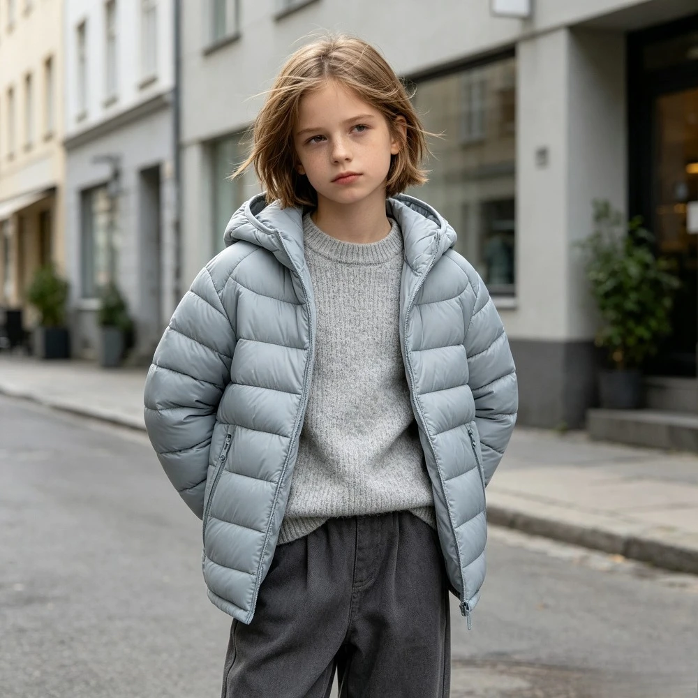 Kids Hooded Puffer Jacket Casual Outdoor Sporty Lightweight Coat Boys Girls Windproof Outerwear for School Daily Fall Spring