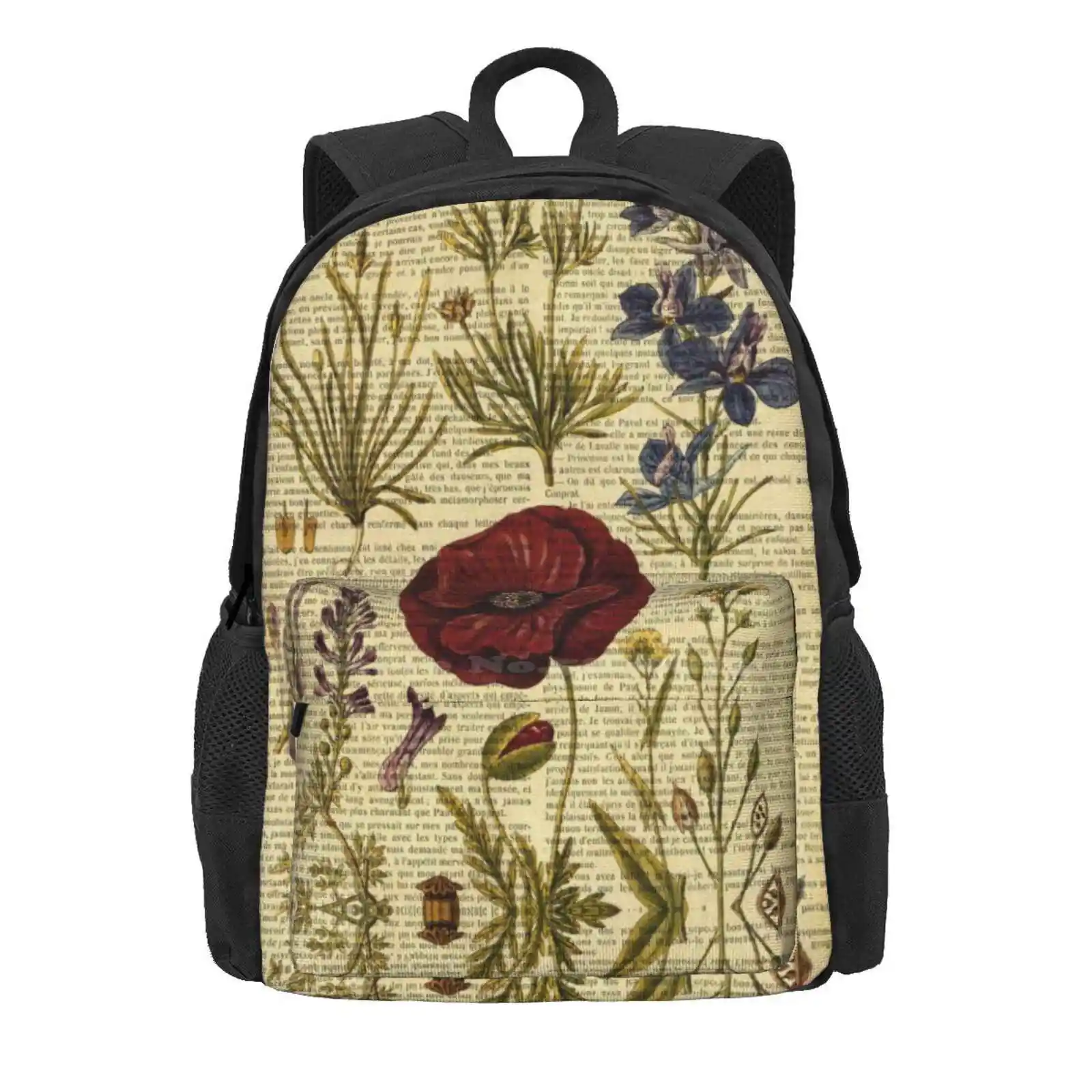 Botanical Print, On Old Book Page - Flowers Hot Sale Schoolbag Backpack Fashion Bags Botanical Rose Magnolia Poppy Poppies On