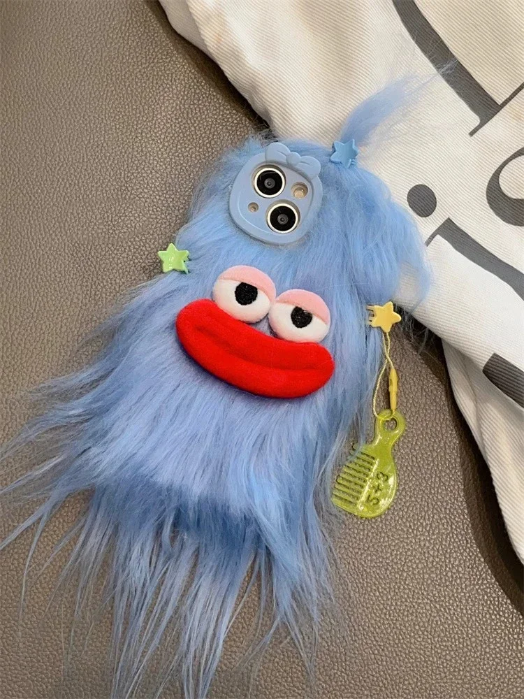 Koreanische lustige, flauschige Plüsch-Monsterhülle für iPhone 18pro 17 Pro Max 16 15 14 13 12 11, süße Winter-Warmhülle für Mädchen, weiche Fellhülle – Detail 2