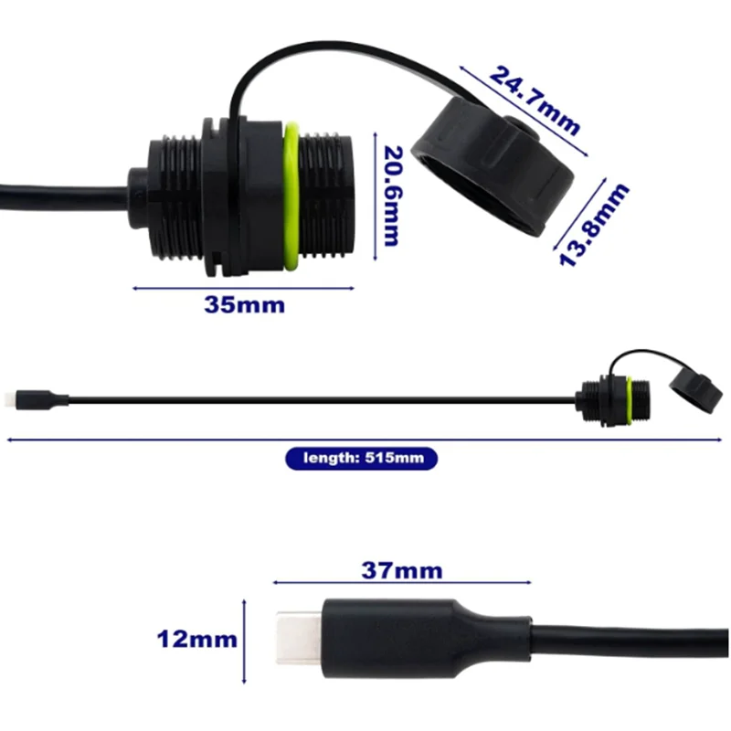 3.3ft M20 IP68 Waterproof USB 3.1 Type C Male to Female Extension Cable,  Pass Through Adapter Extender Dashboard Flush Panel