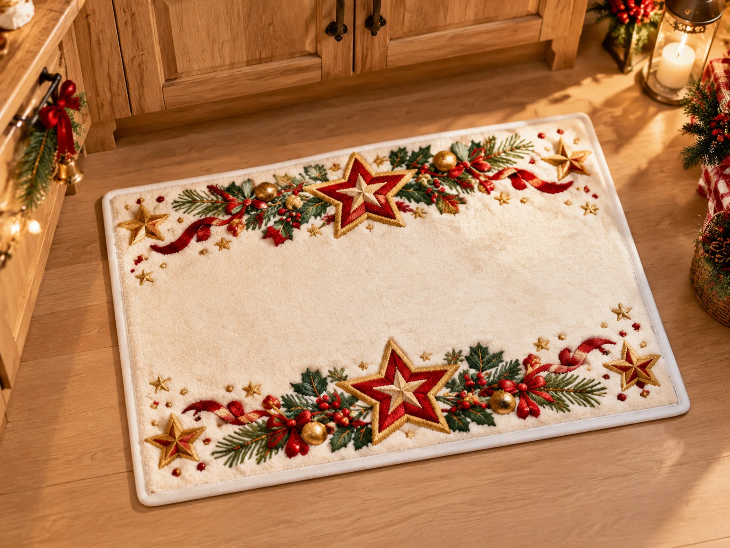 VIKAMA Christmas Cream Red Star Flannel Door Mat, Soft Washable Xmas Door Mat, Xmas Decor for Bathroom, Hallway, Bedroom