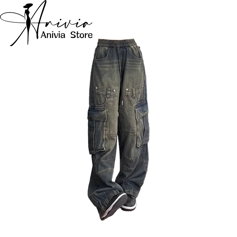 

Women's Blue Y2k Cargo Jeans Harajuku Grunge Denim Trousers Streetwear Y2k Jean Pants Vintage 90s Aesthetic 2000s Trashy Clothes