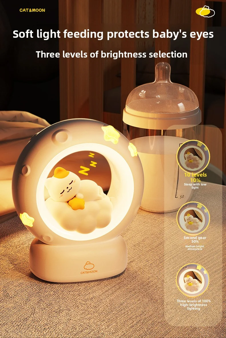 Star-Picking Moon-Catching Sleeping Cat Small Night Light Bedroom Desk Lamp Eye-Protecting Bedside Ambience Lamp